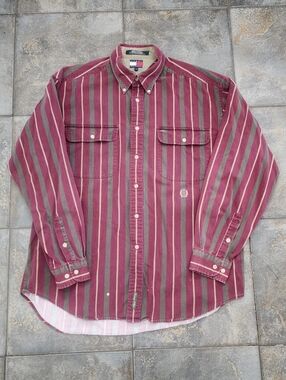 Vintage 90s Tommy Hilfiger Men's Large Striped Long Sleeve Button Up Shirt